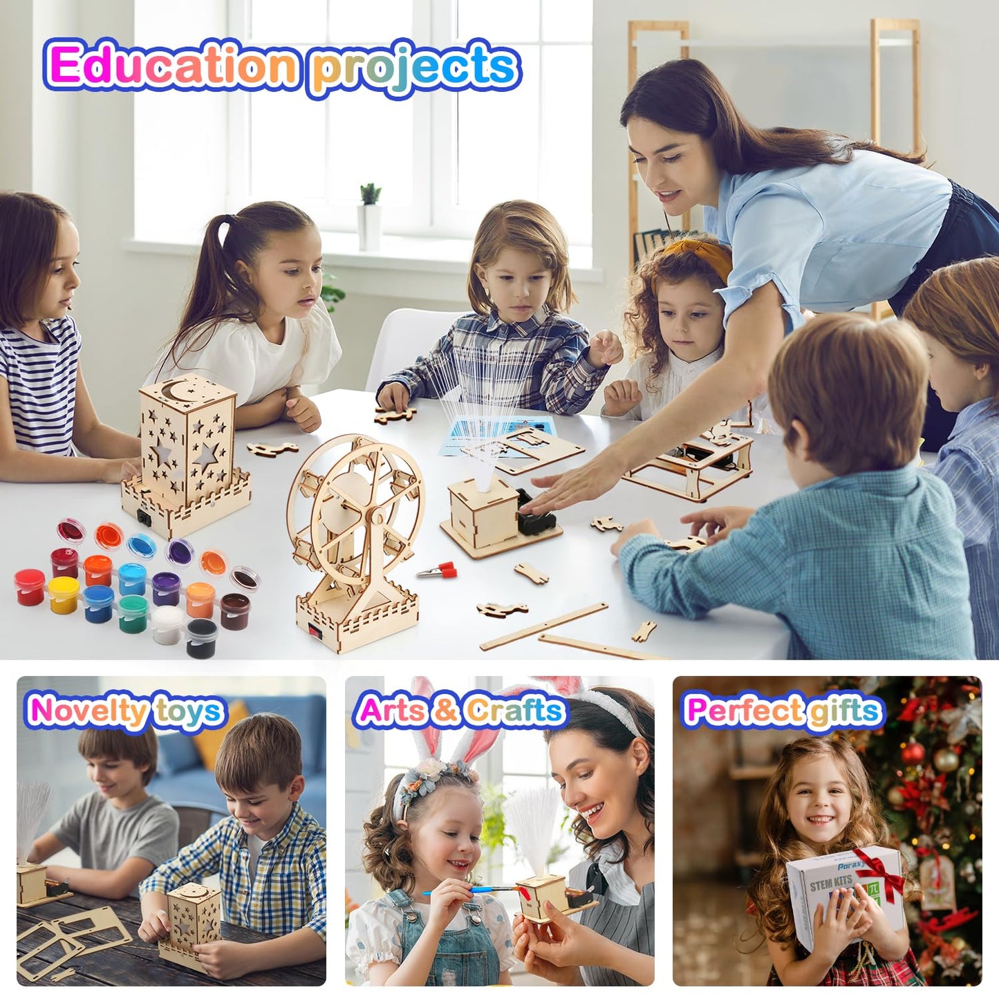 Poraxy 4 in 1 STEM Kits for Kids Ages 5-7 8-10 8-12,3D Wooden Puzzles, Science Project Model Craft Building Engineering Kit,STEM Toys for Ages 8-13,Birthday Gifts for Girls 6 7 8 9 10 11 12 Year Old