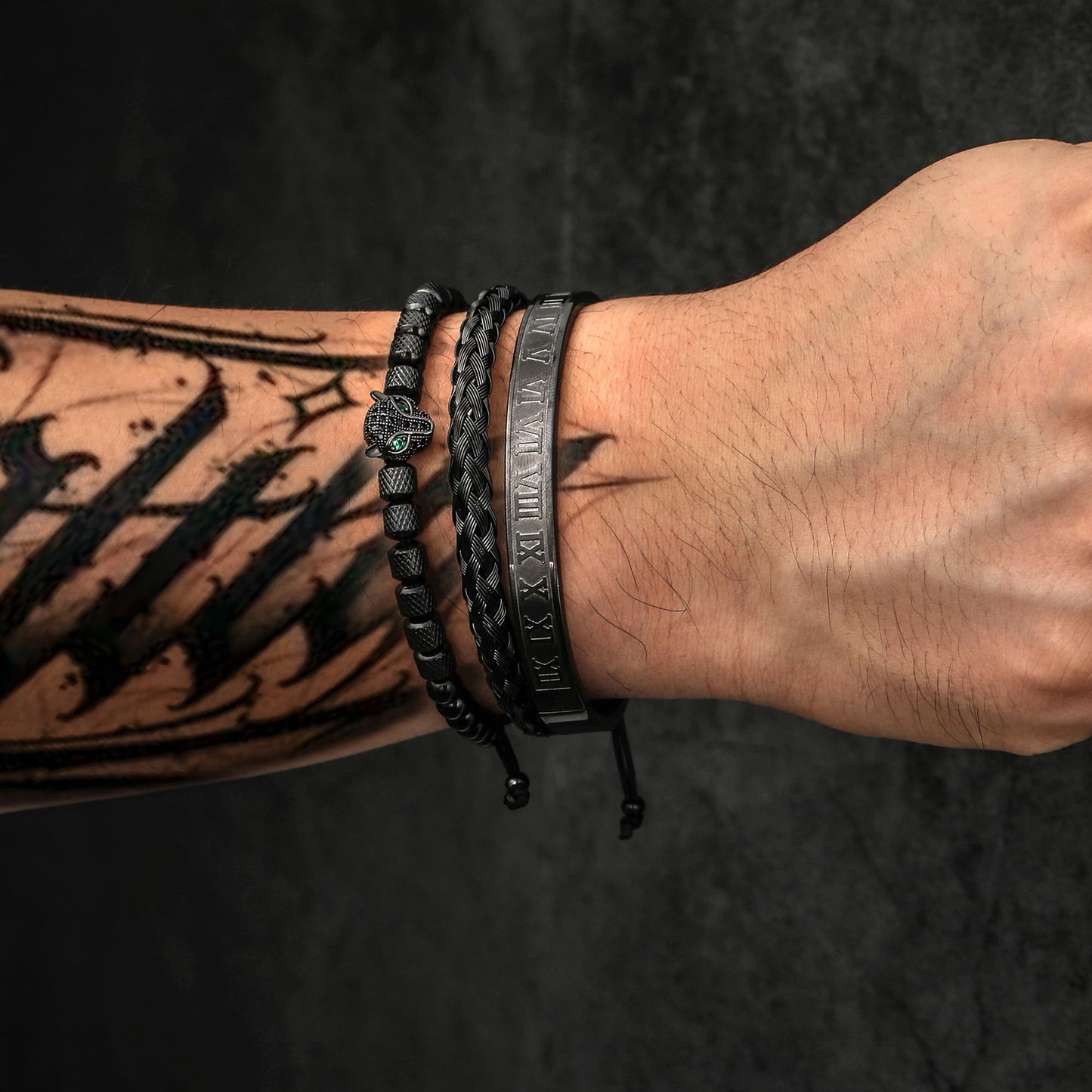 WFYOU 3PCS Stainless Steel Bracelets for Men Gold Roman Numeral Bangle Bracelet Twisted Cable Bracelet Adjustable Cuff Bracelet Mens Luxury Jewelry Bracelets Gifts(O:Black-CZ Leopard Head)