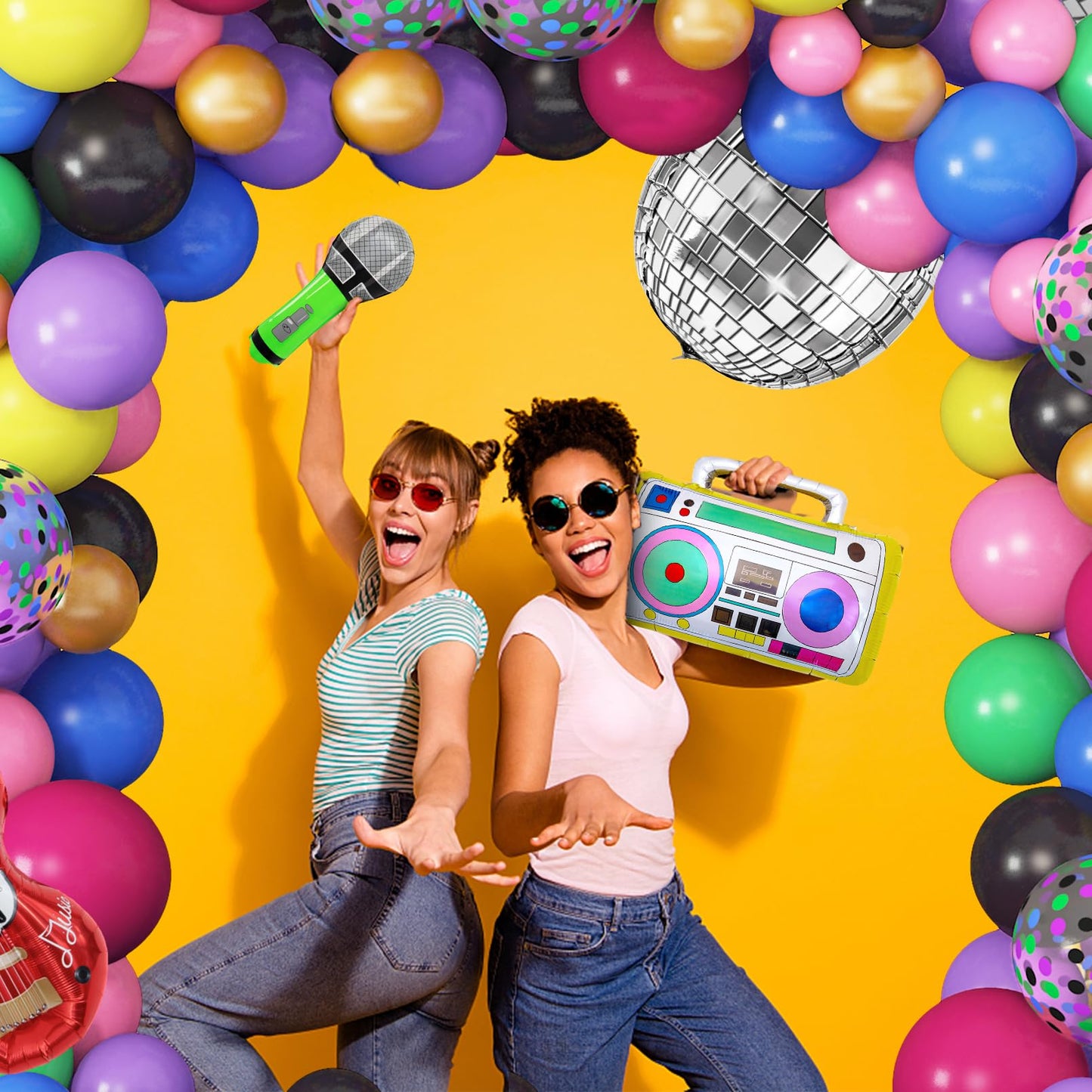Amandir 80s 90s Theme Party Decorations, 90Pcs Balloon Garland Kit 6PCS Disco Ball Radio Boom Box Retro Mobile Phone Guitar Microphone Foil Balloons for Back to 80s 90s Hip Hop Birthday Supplies