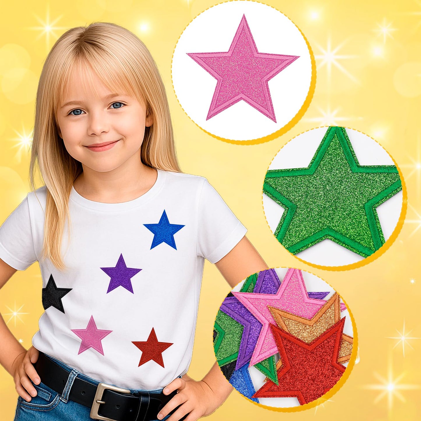 28Pcs Glitter Star Iron On Patches 4''Large Bling Embroidered Appliques with Sequin Sparkle Colorful Star Patch for Clothes Denim Jackets Jeans Backpacks Trucker Hats Phone Case Clothing Repair DIY