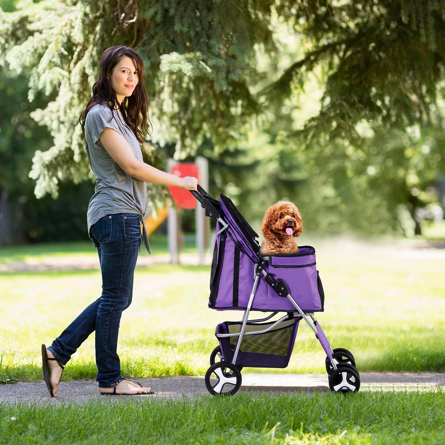 Epetlover 4 Wheels Dog Stroller Folding Pet Strolling Cart for Small Medium Cats Puppies Portable Jogger Travel Camping Puppy Carrier with Storage Basket Cup Holder, Purple