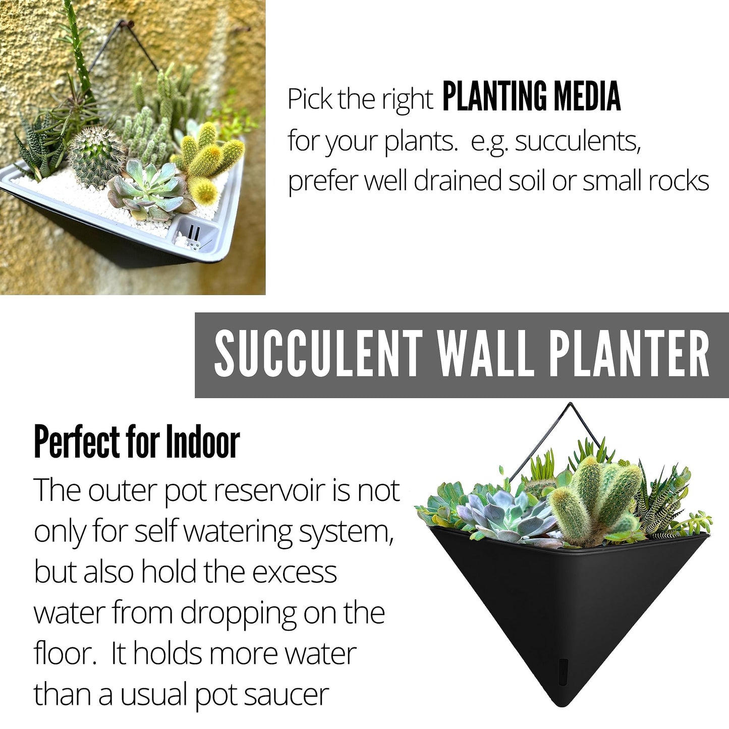 LaLaGreen Bundle - 12" x 4 Pack Black + 12" x 2 Pack Gray + 12" x 2 Pack White Large Self Watering Geometric Hanging Flower Vase Vessel with Metal Hanger, Modern Stylish Wall Mounted Succulents Pots