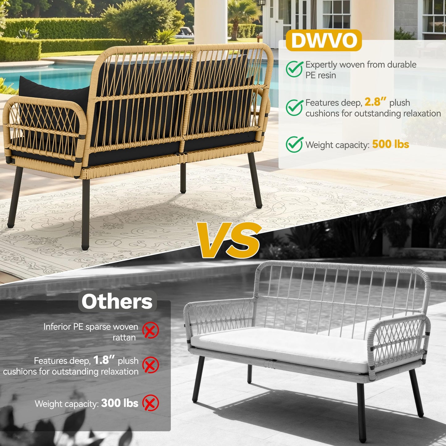 DWVO Outdoor Loveseat, Patio Wicker Furniture Set with Cushion & Adjustable Feet, Patio Couch for Garden, Balcony, and Porch, Black