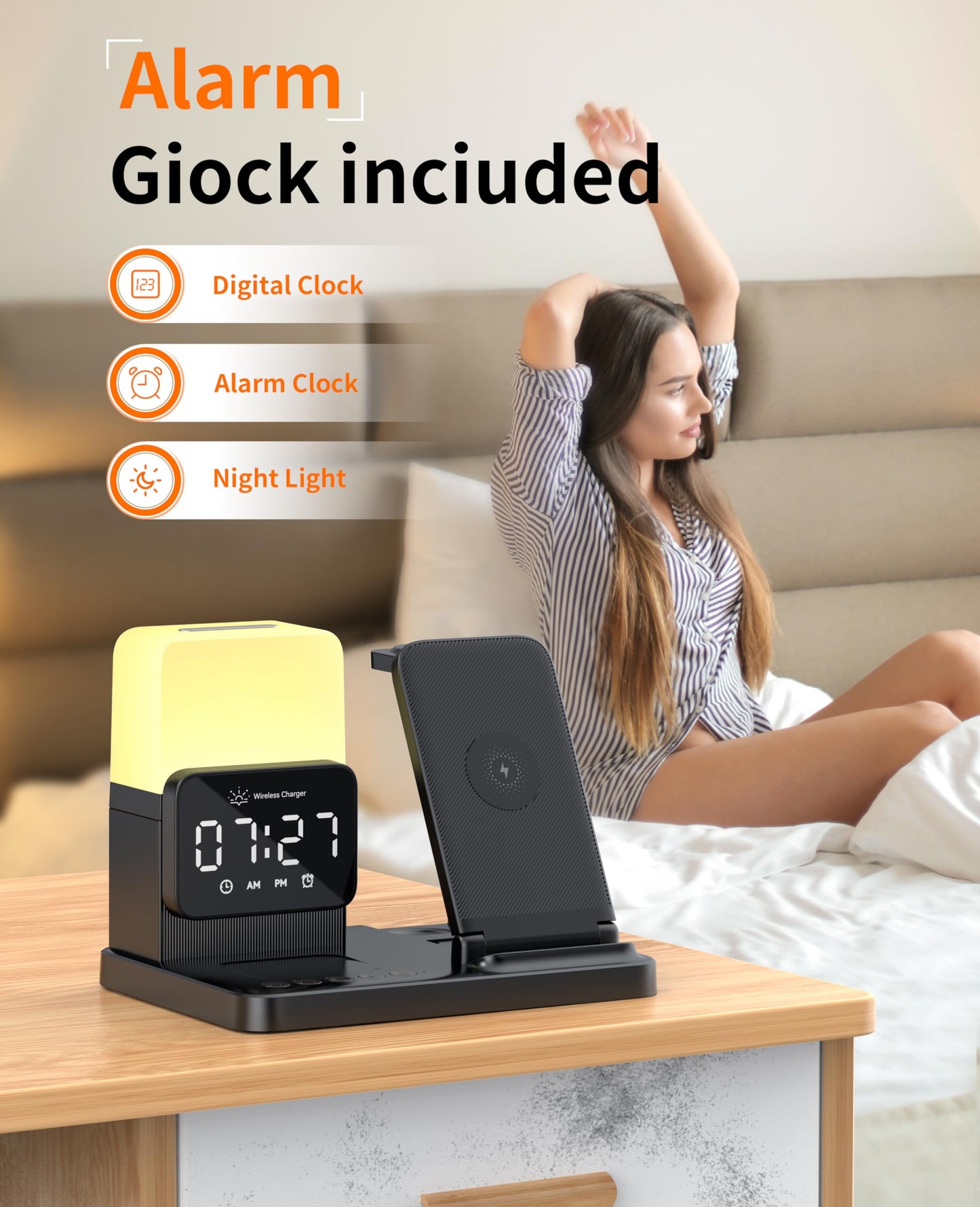 6-in-1 Wireless Charging Station, Charger Stand for Apple Multiple Devices, for iPhone 17 16 15 14 13 12 Pro Max Watch Airpods, Wireless Charger iPhone Charging Station with Night Light/Alarm Clock
