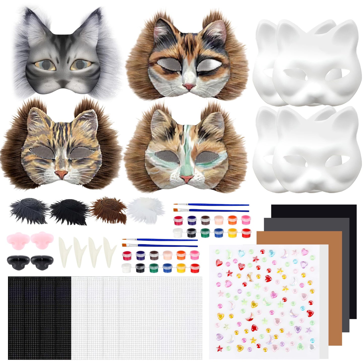 Vivrerizo Cat Therian Mask Kit - 4 Pcs Animal Mask Base with Tooth Nose and Sticker Painted DIY for Furry Masquerade Cosplay Props Costume Party Halloween Therian Accessories