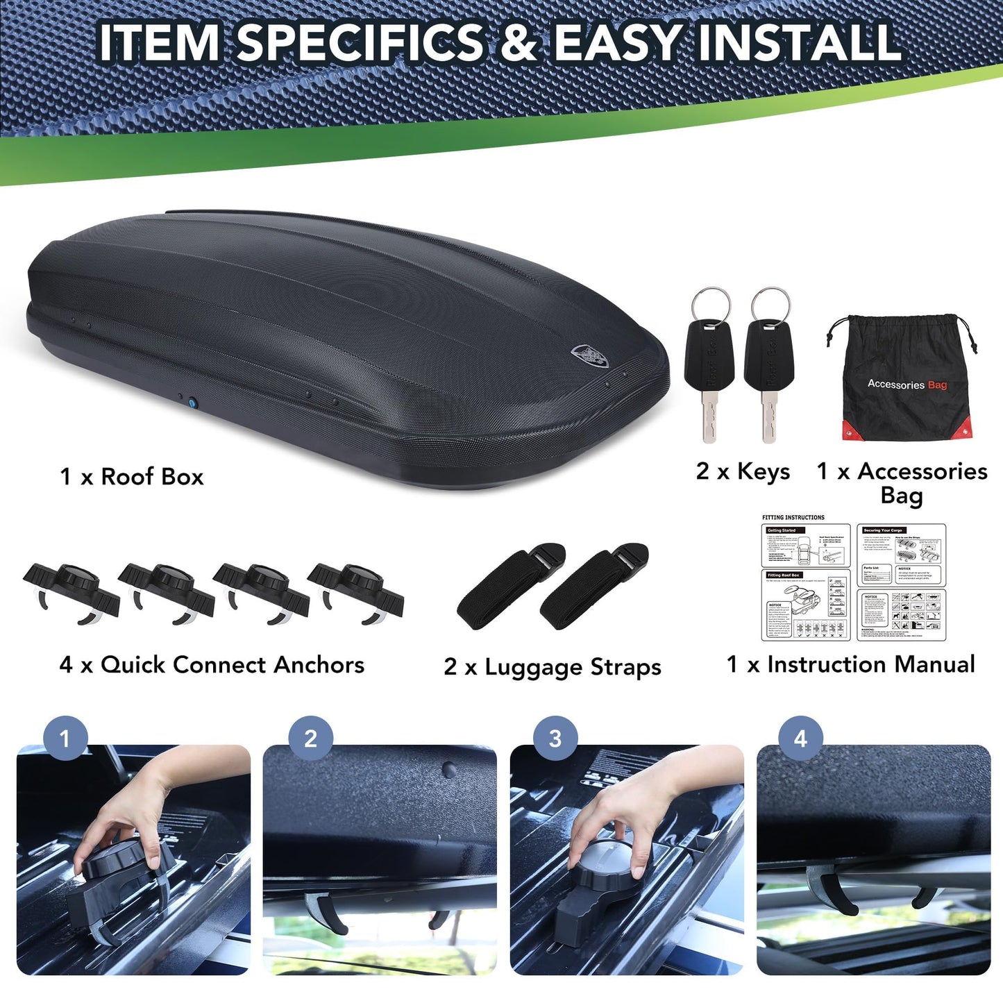 Rooftop Cargo Box Carrier, 165-Lbs Load Capacity Hard Shell Roof Box with Secure Straps&Keys for Roof Rack, 390L(14 Cu Ft) Weather-Resistant Roof Rack Cargo Box