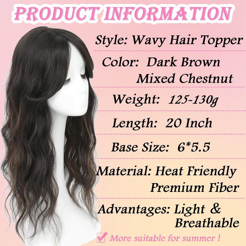 Hair Toppers for Women, 20 Inch Hand Tied Breathable Toppers Hairpieces for Women with Thinning Crown Middle Part Bangs Mix Human Hair Wavy Curly Lightweight Wiglets (Dark Brown Mixed Chestnut)