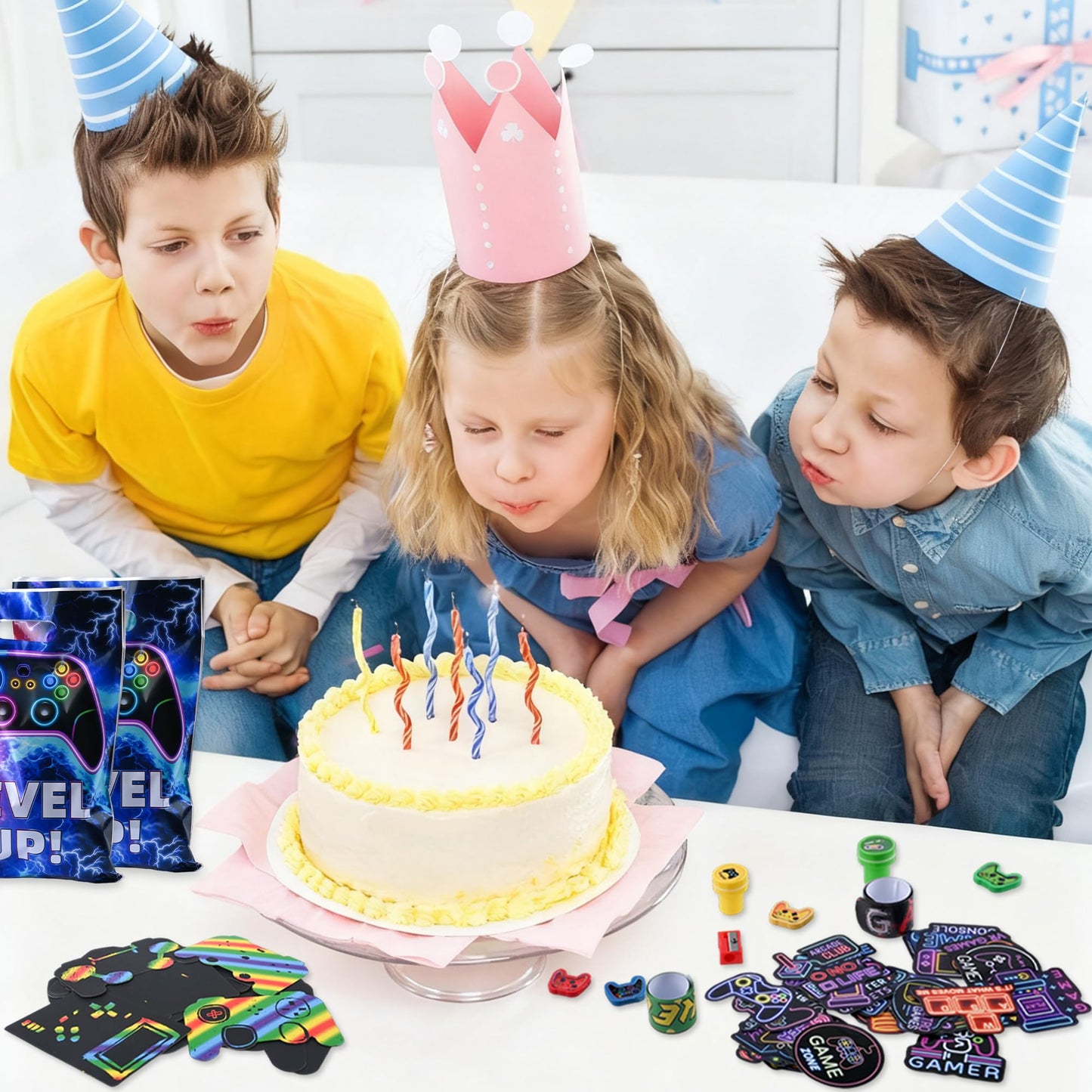 Ulema 218 Pcs Video Game Party Favors With Video Game Pencils Pencil Sharpener Slap Bracelets Stickers and Erasers for Video Game Gamer Birthday Party Supplies