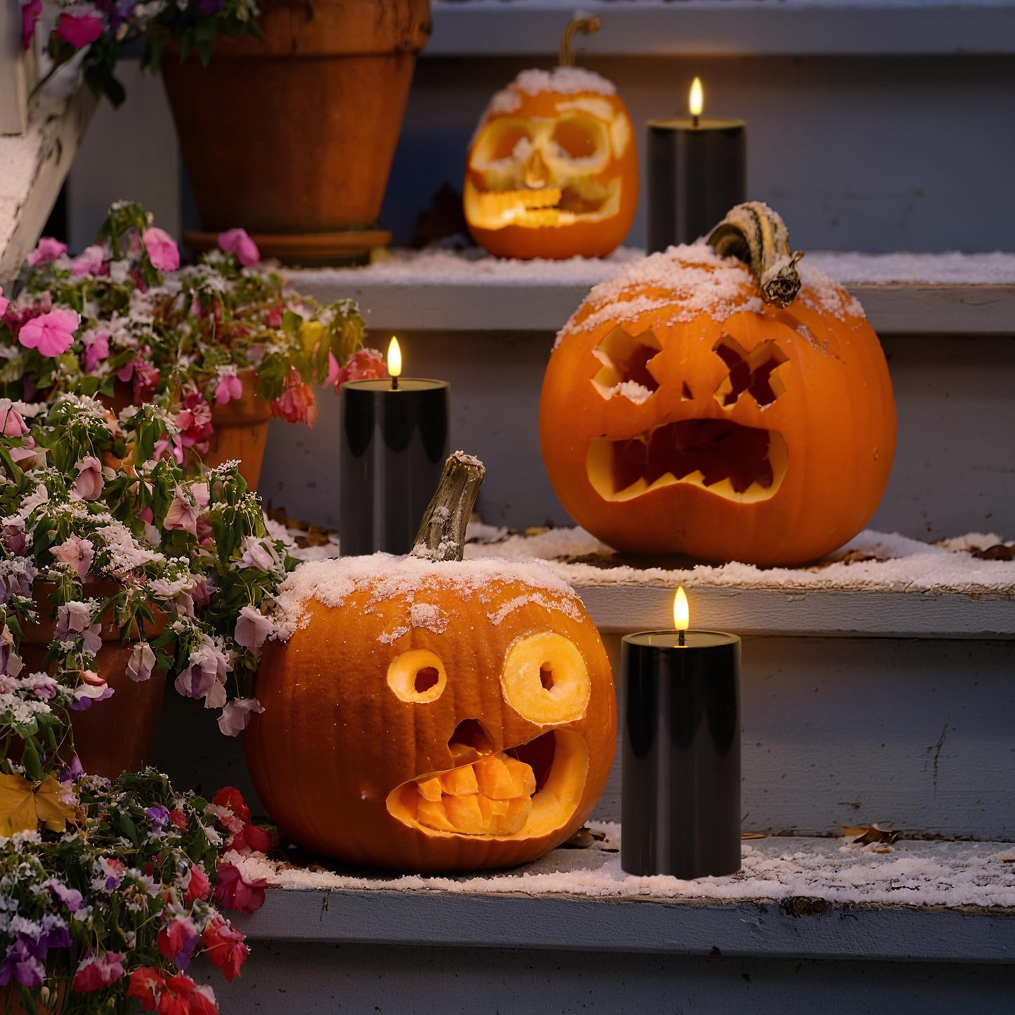 Mavandes Solar Powered Waterproof Flameless Pillar Candles with Candle Grease, Flickering Dusk to Dawn Battery Operated Pack of 4 Black Plastic LED Outdoor Lighting Halloween (3" x 4"" 5"" 5"" 6"")"