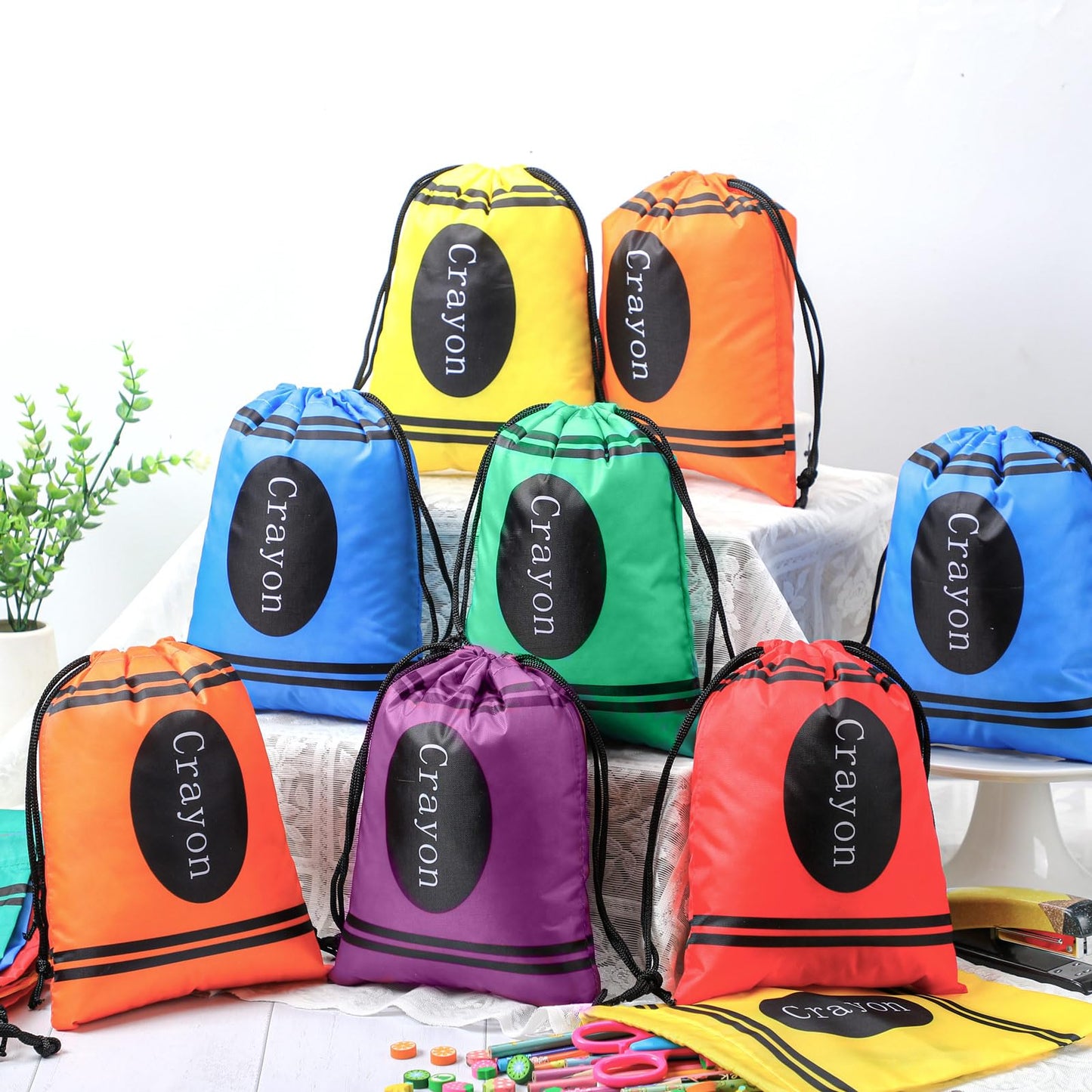 24 Pcs Graduation Gift Bag 10 x 7 Inch Crayon Drawstring Backpack Teacher Appreciation Week Favor Bulk Preschool Graduation Goodie Bag Kindergarten Birthday Supply Back to School Party Decoration