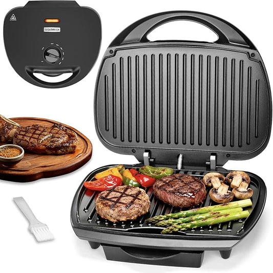 SugarWhisk Family-sized Contact Grill, 6-Serving Electric Indoor Grill with Adjustable Temp Control, Ceramic Coating, 1500W, Graphite
