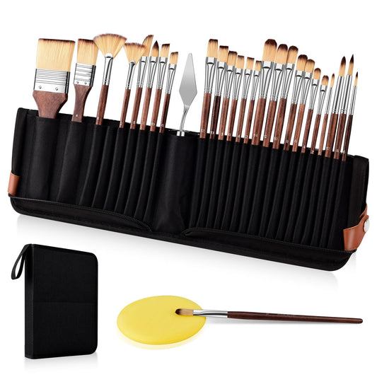 26-Piece Nylon Paint Brush Set – Zipper-Sealed Case, Independent Brush Compartments, Foldable Stand, for Beginners & Professionals