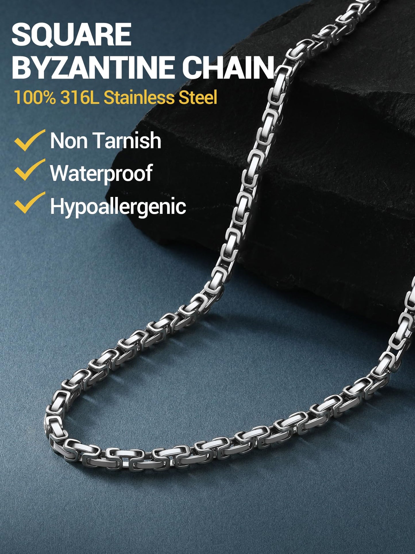 PROSTEEL 24 Inch Necklace Stainless Steel Chain 4mm Byzantine Necklace For Men