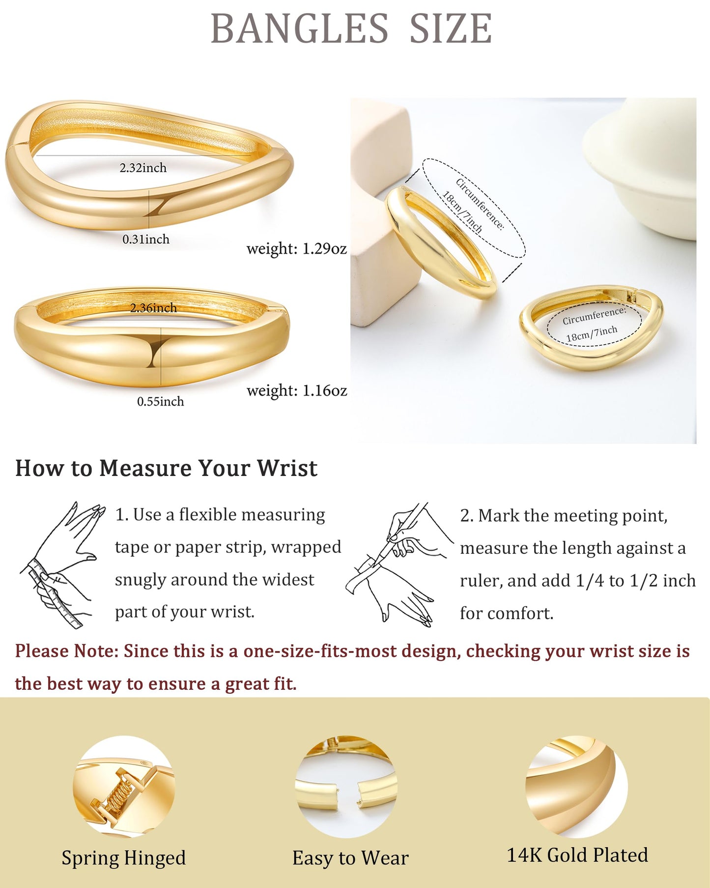 AYWFCBF 2Pcs Gold Bangle Bracelets for Women - 14K Gold Plated Chunky Bangle Stack Hinged Open Wide Cuff Bracelets - Arm Cuff Jewelry for Women