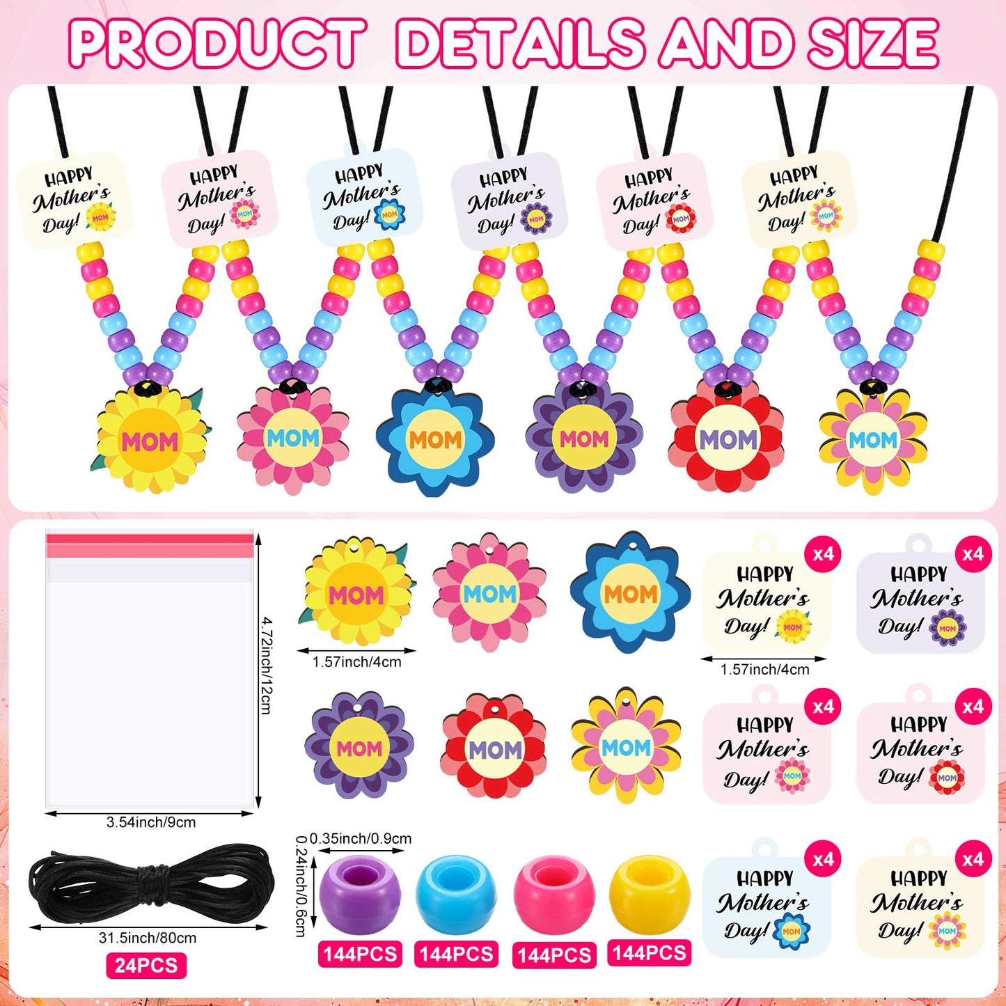 Ferreve 24 Sets Mother's Day Beads Necklace Crafts Kit Mother's Day Gifts DIY Mom Wooden Flowers Necklace Kits Bulk Make Your Own Mom Gifts for Family Classroom Making Party Favors
