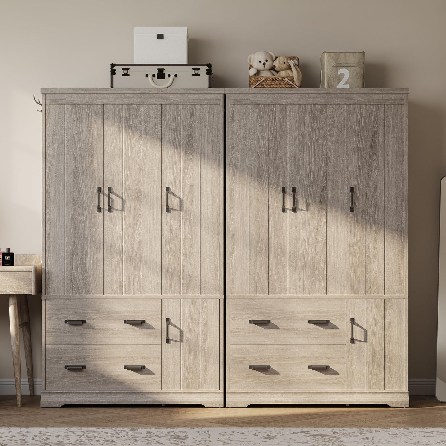 LIKIMIO Wardrobe Closet, 70" Tall 4 Doors Large Wooden Closet with 2 Drawers, 3 Shelves Bedroom Armoire with Hanging Rod, Freestanding Storage Cabinet for Hanging Clothes, Grey