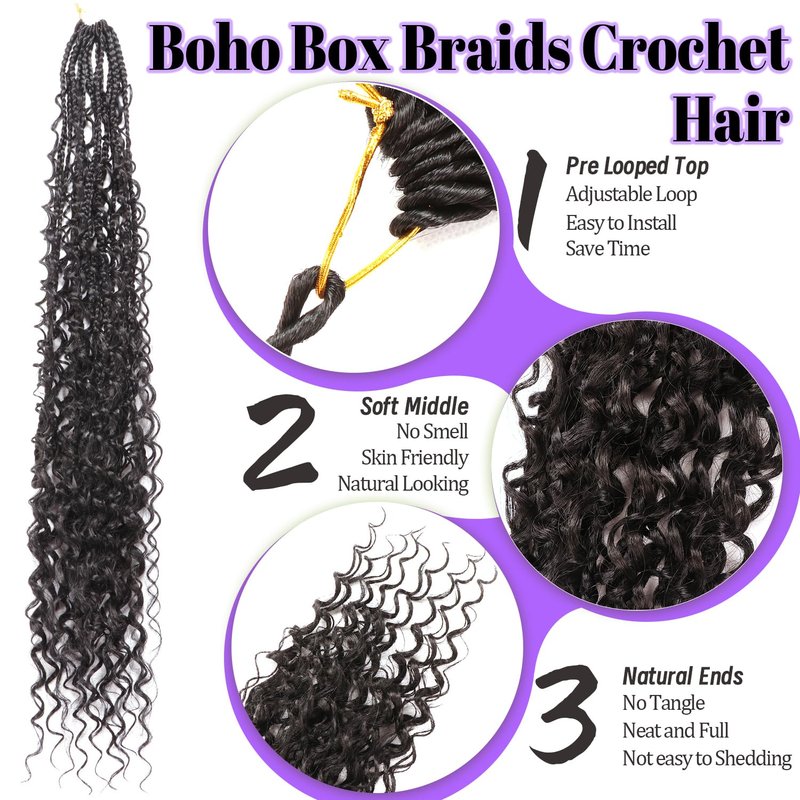 Goddess Box Braids Crochet Hair for Black Women-8 Packs 30 Inch Boho Crochet Braids Pre Looped with Curly Ends (1B Black, 30 inch(four curly hair))