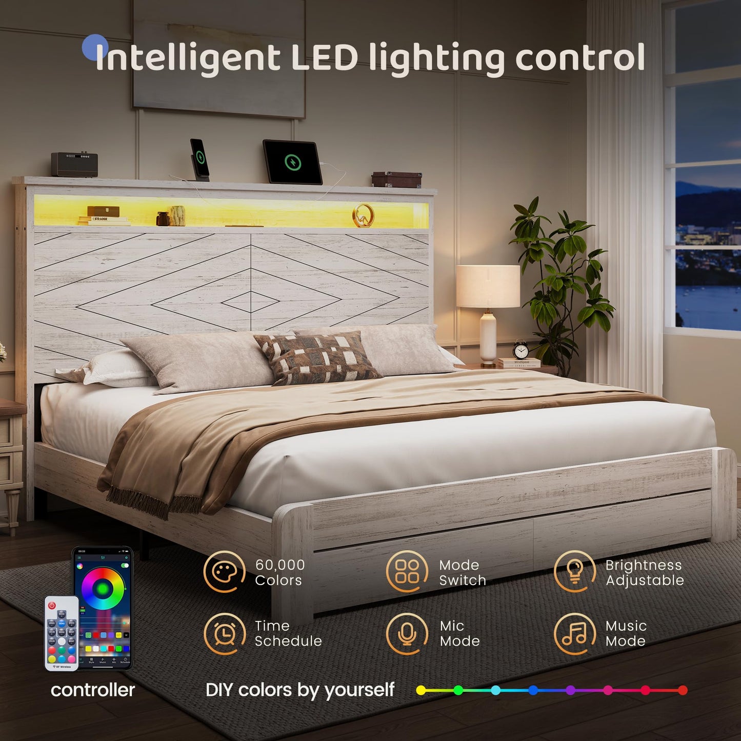 BRELTAM King Size Bed Frame with 2 Storage Drawers and Headboard Wooden Platform Bed Frame with LED Lights and Charging Station Easy Assembly/No Box Spring Needed/White