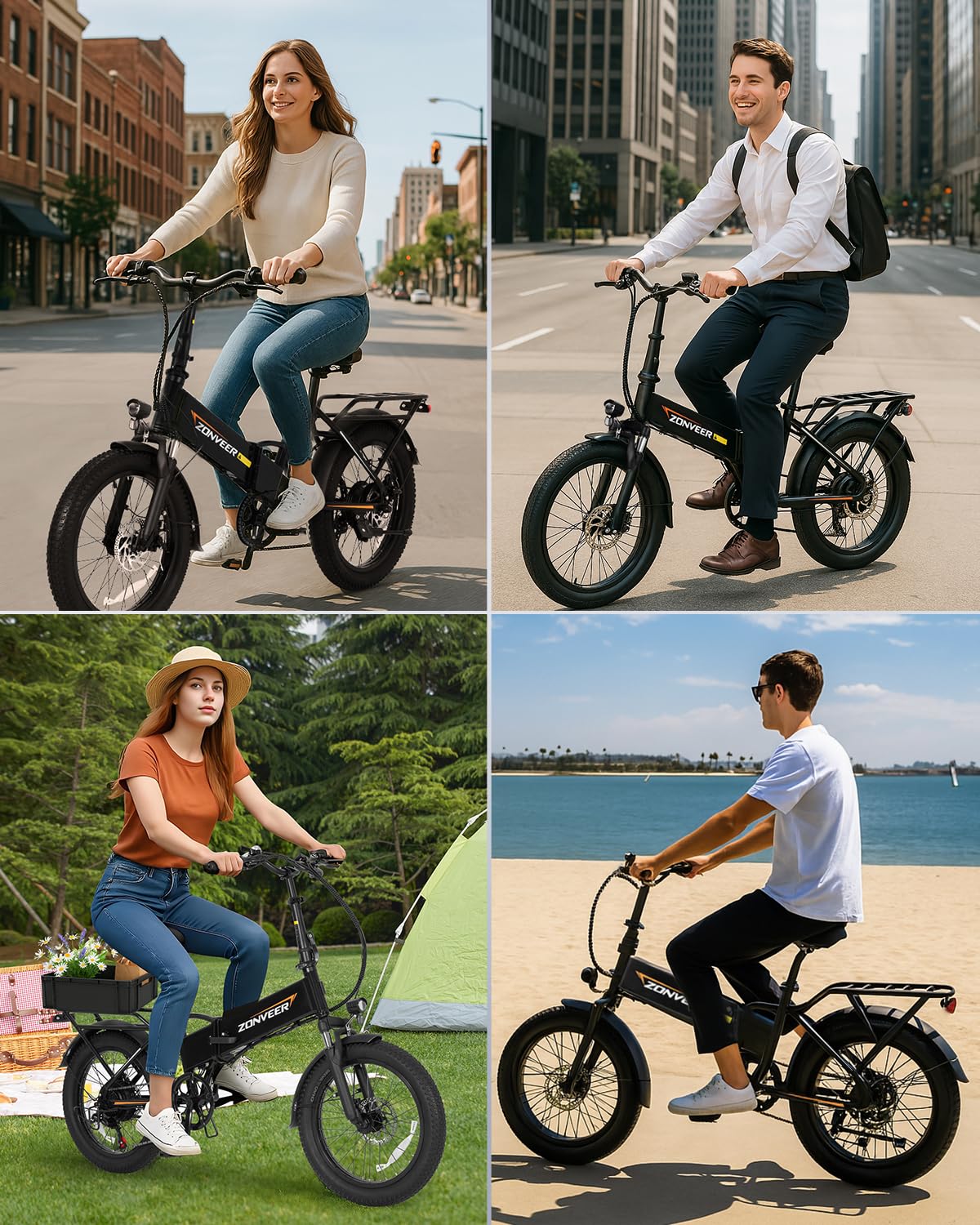 zonveer Folding Electric Bike, 48V 10.4AH Large Removable Battery E Bike, 28 MPH, 50 Miles Max Range, 20" Fat Tire Electric Bike for Adults, Adult Electric Bicycles for Commute