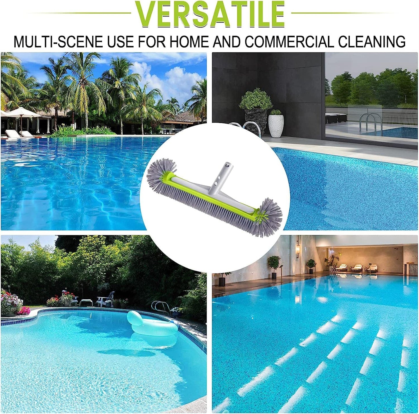 Professional Swimming Pool Brush Head with Round Ends,17.5" Heavy Duty Aluminum Back for Cleaning Pool Walls, 7 Rows Premium Nylon Bristles with EZ Clips (Green Grey)
