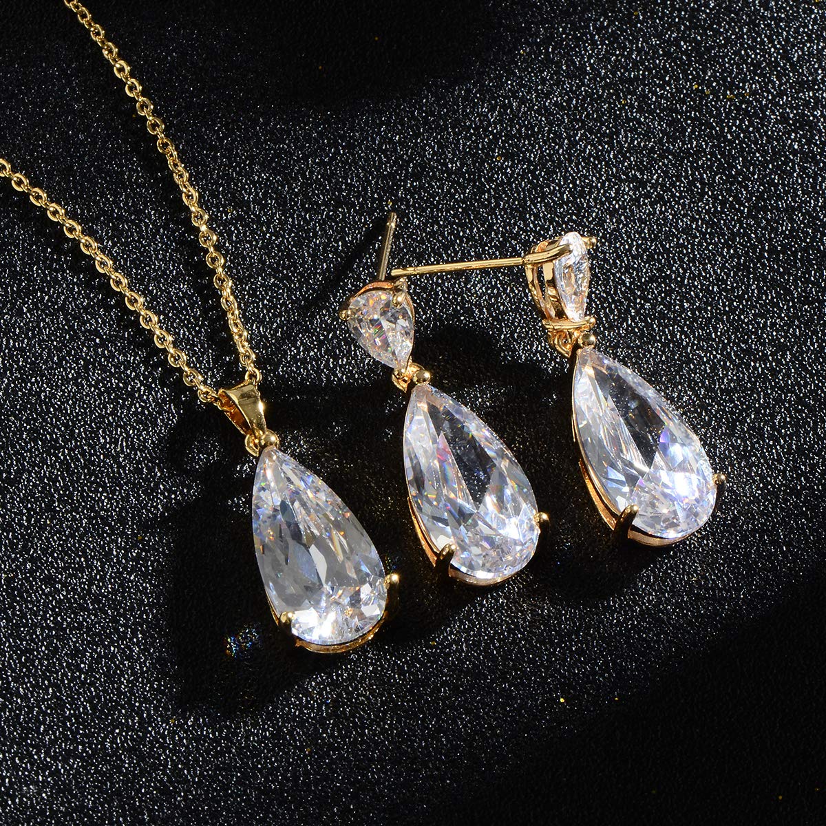 Bridal Jewelry Set for Wedding - 18k Gold Plated Teardrop Cubic Zirconia Crystal CZ Rhinetstone Diamond Necklace Earrings Set for Bride Bridesmaids Mother of Bride Prom Party Formal Jewelry for Women