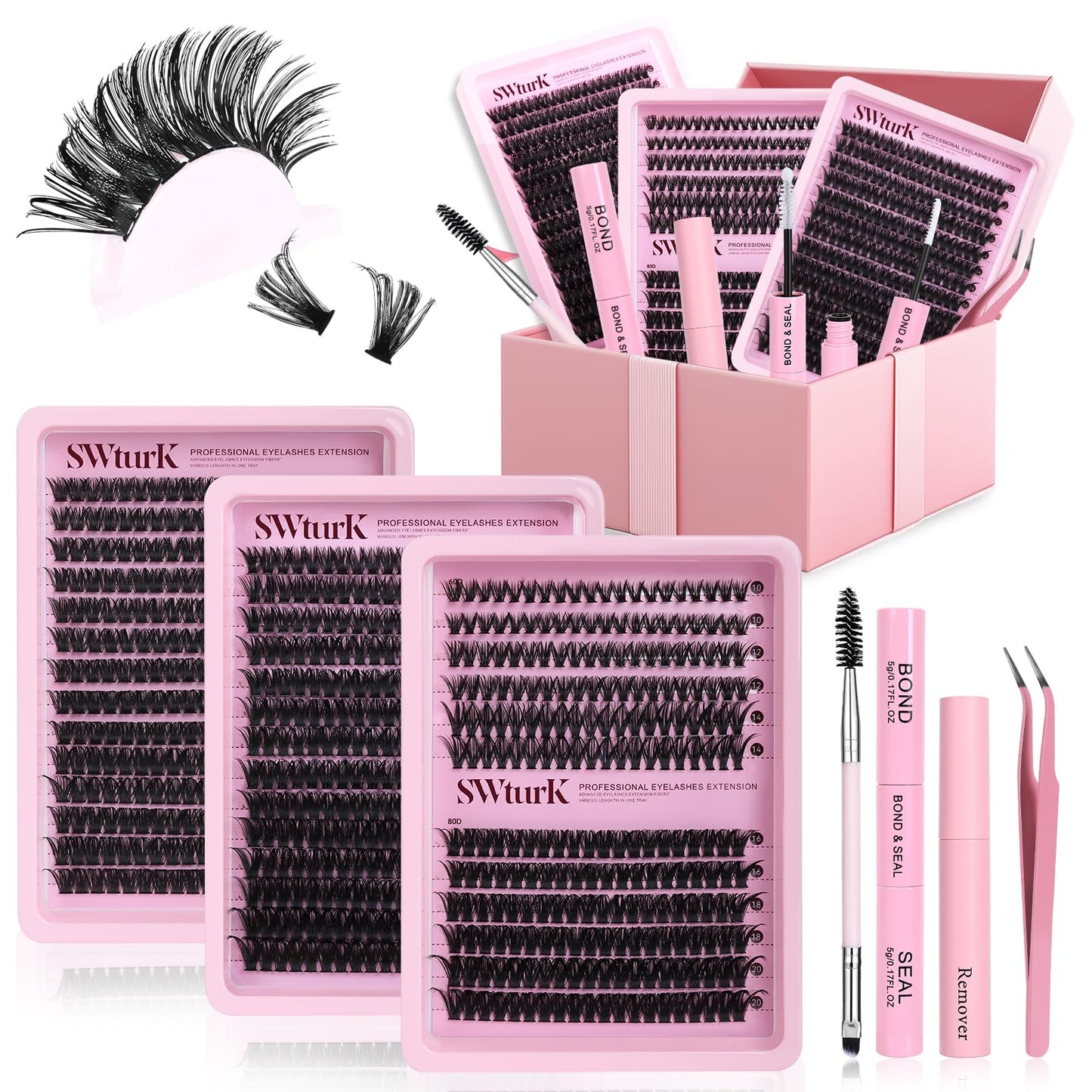 SWturK Lash Clusters Kit DIY 800pcs eyelash extension kit 3 styles 60D+80D+100D 12-20mm D curl with lash bond&sealï¼Volume Fluffy false eyelashes clusters bulk pack for beginners