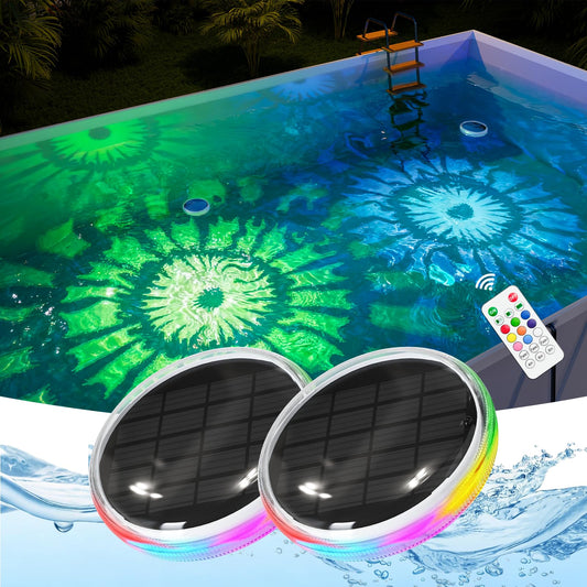 2 Pack Solar Power Float Pool Lights with Control 3 Strobe Modes Waterproof Color Change LED Disco Party Decorative Ambient Lighting Auto-on for Outdoor Above Ground Pool, Front Yard Ponds, Hot Tub