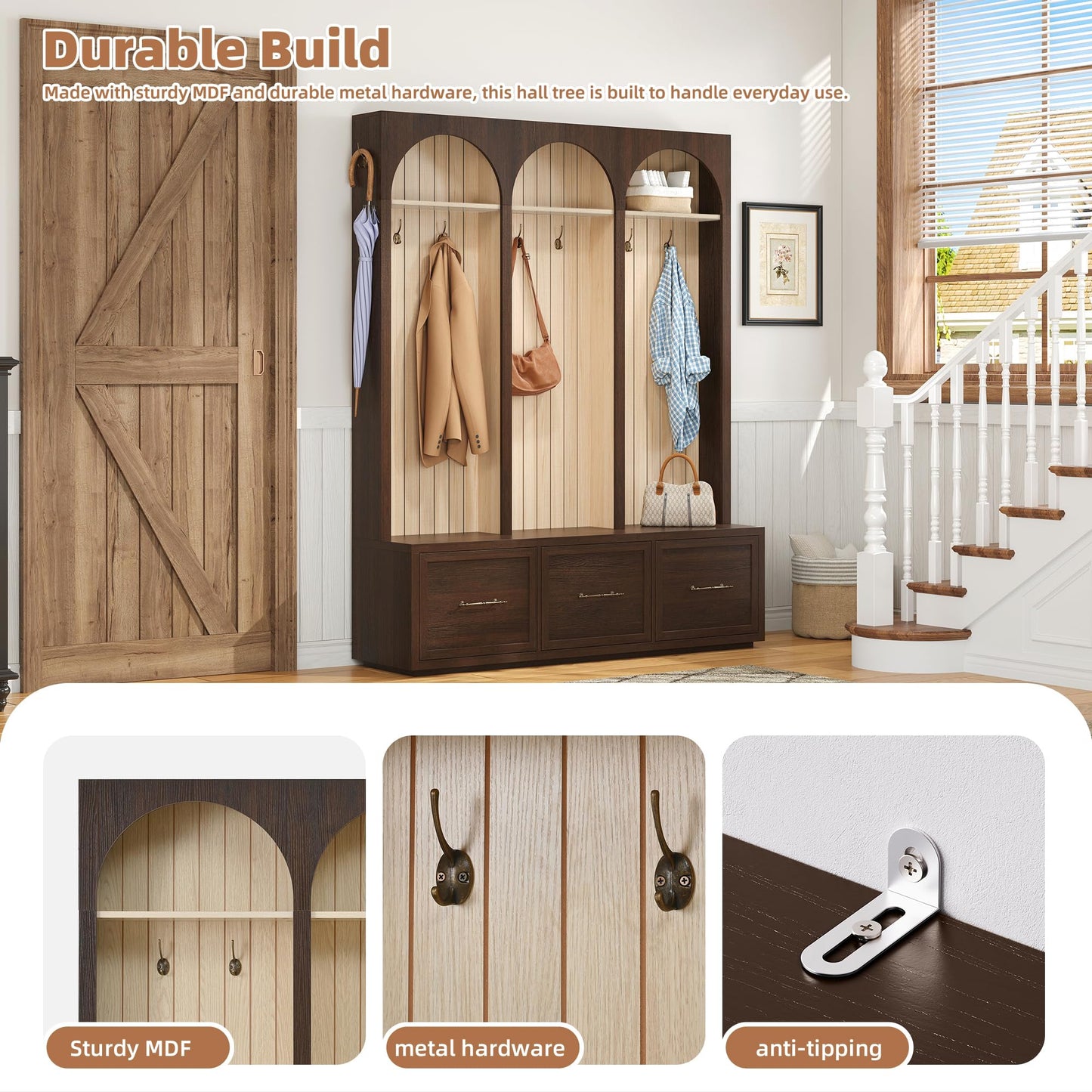 Merax Farmhouse Wood Hall Tree with Shoe Bench and 3 Drawers, 4-in-1 Entryway Coat Rack with 8 Hooks for Entrance, Hallway, Mudroom Dark Walnut
