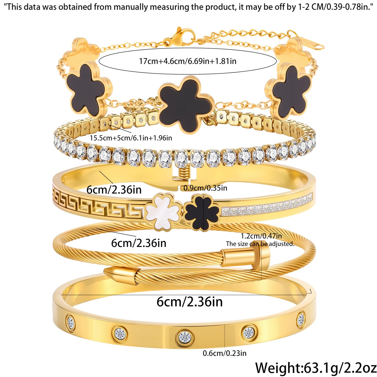 Camhanno 18K Gold Plated Bracelet Set for Women, Stainless Steel Bangle Set with Four Leaf Clover, Crystal Rhinestone Lucky Charm Jewelry, 5-Piece (Black Clover Bracelet Collection)