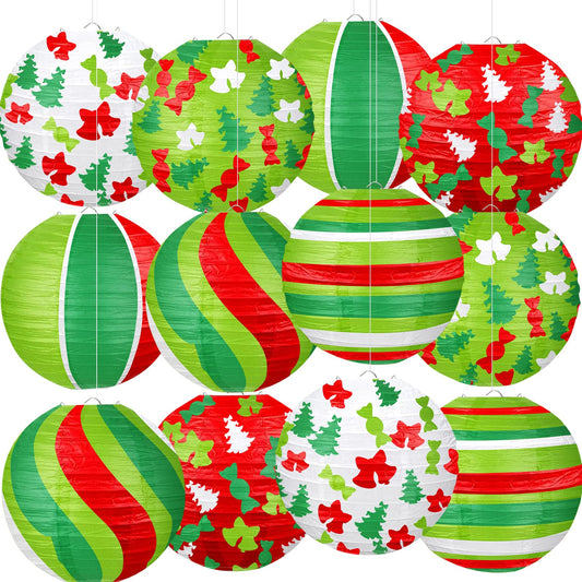 ADLKGG Christmas Party Decorations, Red Green Christmas Trees Bell Candies Printed Paper Lantern Decorative for Holiday Xmas Party Baby Shower Birthday Indoor Outdoor, 12Pcs