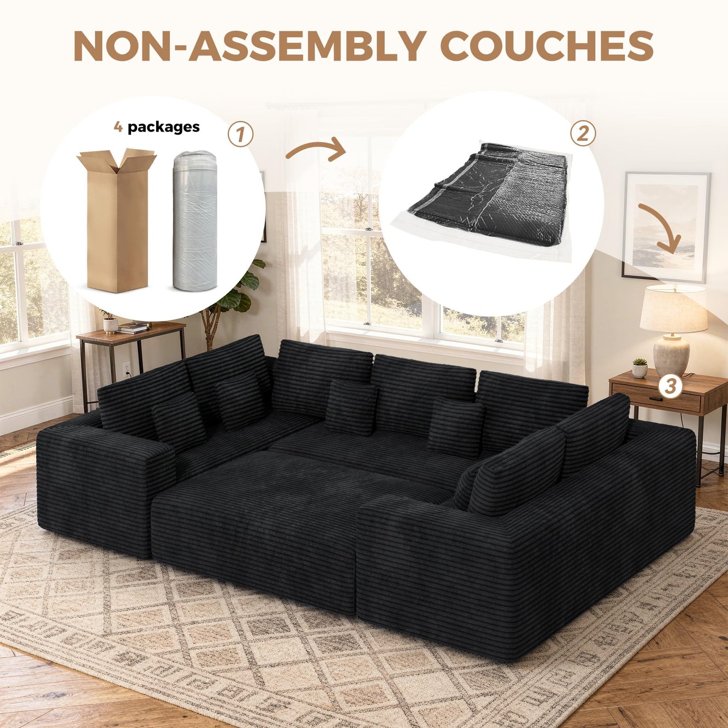 Luxanimarion 136'' Large Sectional Cloud Couches with Chaise, U Shaped Boneless Sofa Bed with Ottoman, No Assembly Required Deep Seat Modular Lounge for Living Room 4PCS Set, Bedroom(Black)