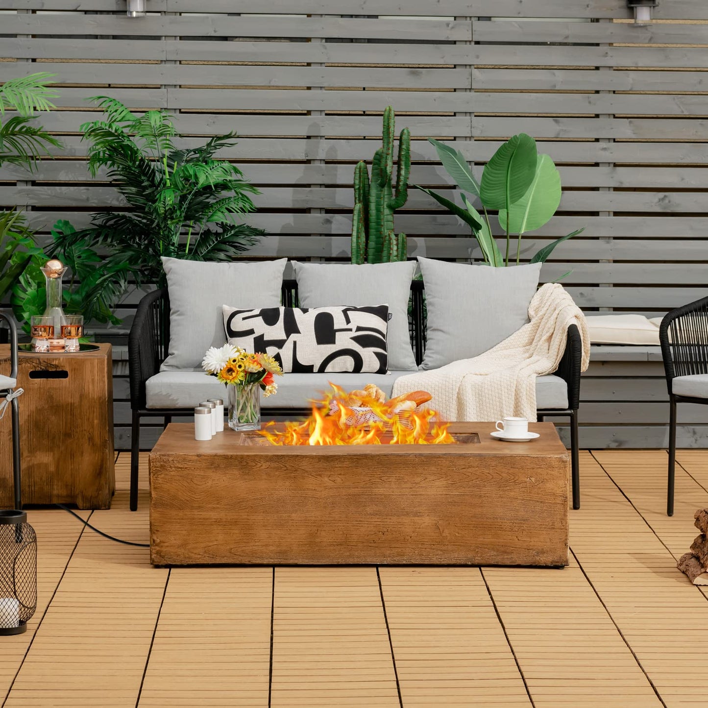 COSTWAY 48 Inch Gas Fire Pit Table, 50,000 BTU Outdoor Propane Firepit with Lava Rocks and Waterproof Cover, Rectangular Fire Table, Brown