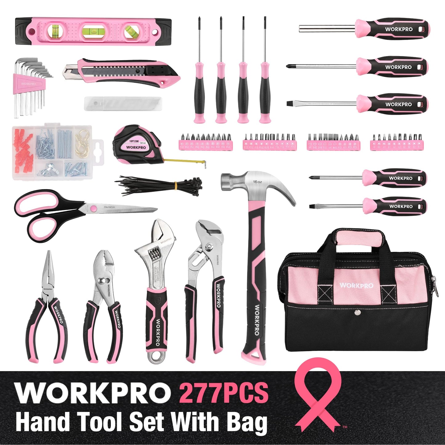 WORKPRO Pink Tool Set, 277 PCS Home Repairing Tool Kit, Pink Tool Bag with 13-Inch Wide Mouth Open Storage Bag, Portable Home Tool Kit Including Hammer, Screwdriver, and Household Tools - Pink Ribbon