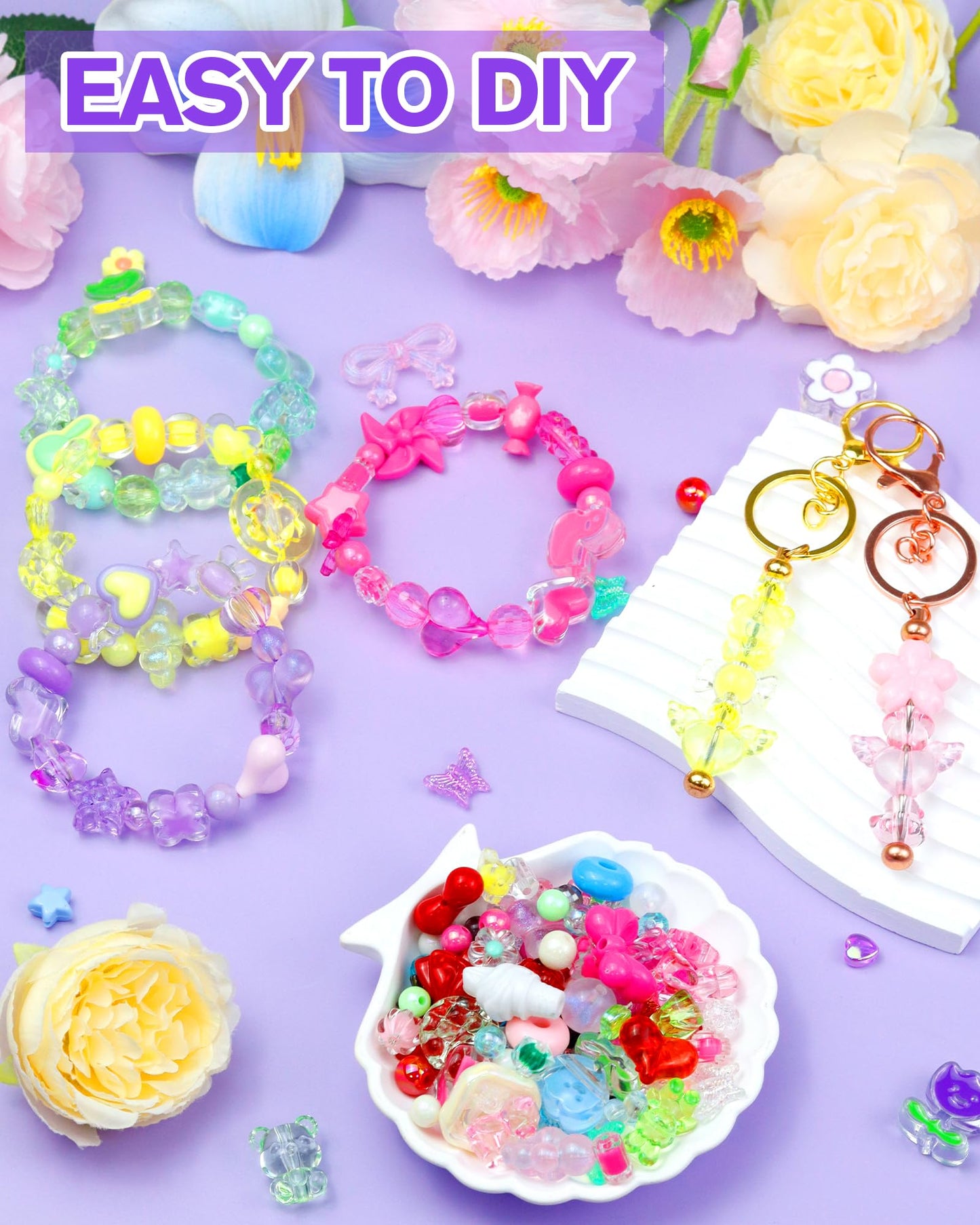 750PCS FIVEIZERO Assorted Acrylic Beads for Bracelet Making, Flower Star Heart Butterfly Candy Gummy Bear Kawaii Aesthetic Cute Beads for Jewelry Making, Keychains, Necklace, Phone Charms, DIY Crafts