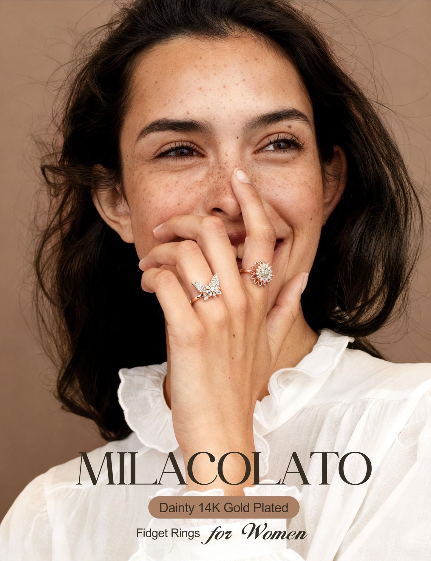 MILACOLATO 14K Gold Plated Fidget Ring for Women Adjustable Anxiety Rings Open CZ Butterfly Sunflower Bead Spinner Rings for Anxiety Stress Relief RG
