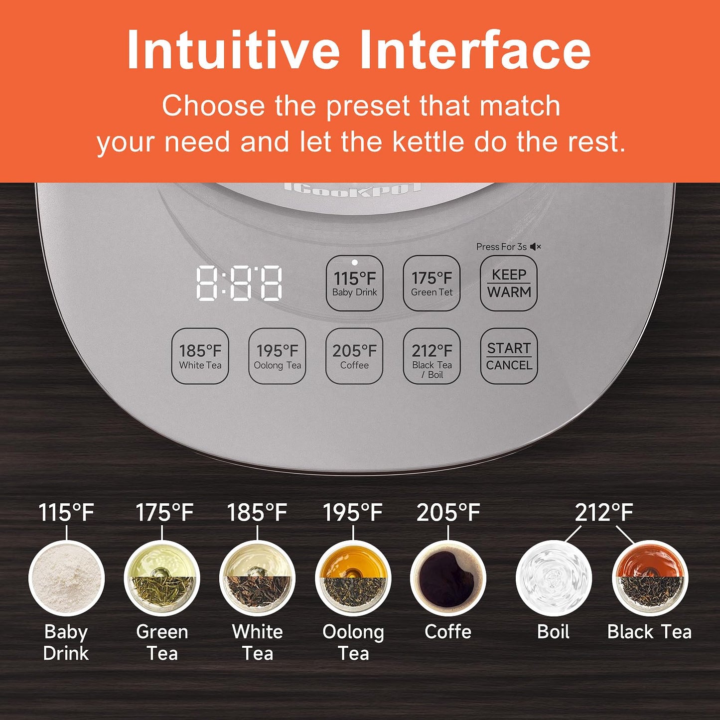 ICOOKPOT Titanium & Stainless Steel Electric Kettle with Tea Infuser and Temperature Control,1.5L Glass Tea Maker,1500W Rapid Boiling,Programmable Control for your Favorite Teas and Coffee-Grey