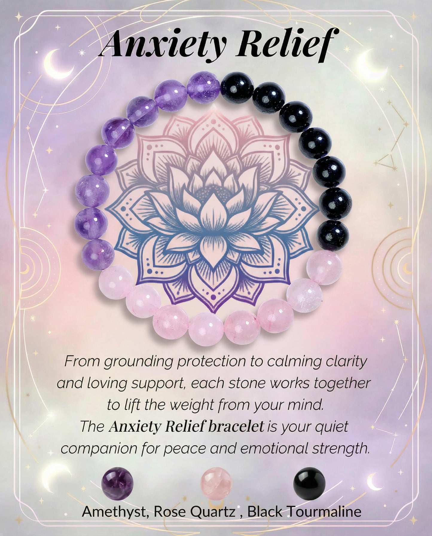 Bivei Anxiety Relief Bracelet, Strength Crystal Healing Bracelet 8MM with Amethyst & Rose Quartz & Black Tourmaline - Spiritual Stretch Beaded Jewelry for Women Men Gift