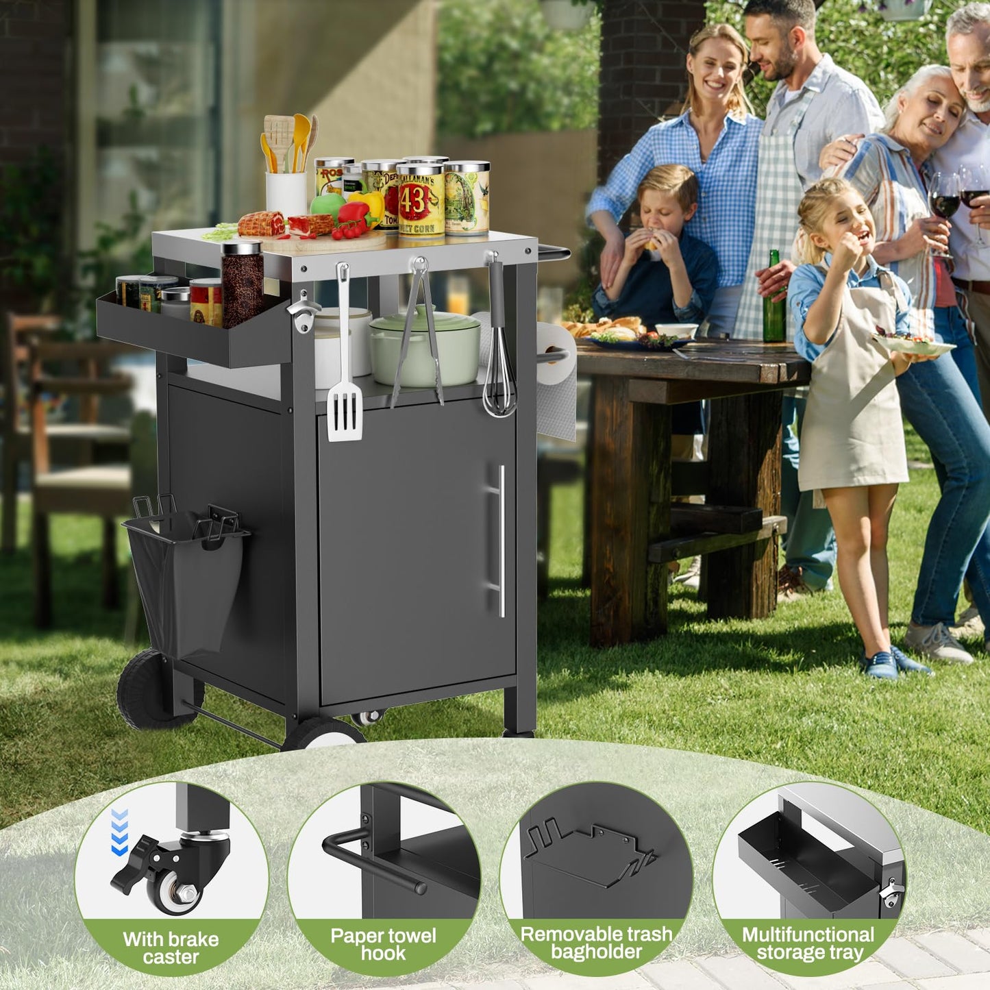 KEIKI Outdoor Grill Cart with Storage and Wheels, Rolling BBQ Prep Table with Spice Rack, Hooks, and Side Handles, Black Metal Bar Cart for Patio Kitchen and Grilling Accessories