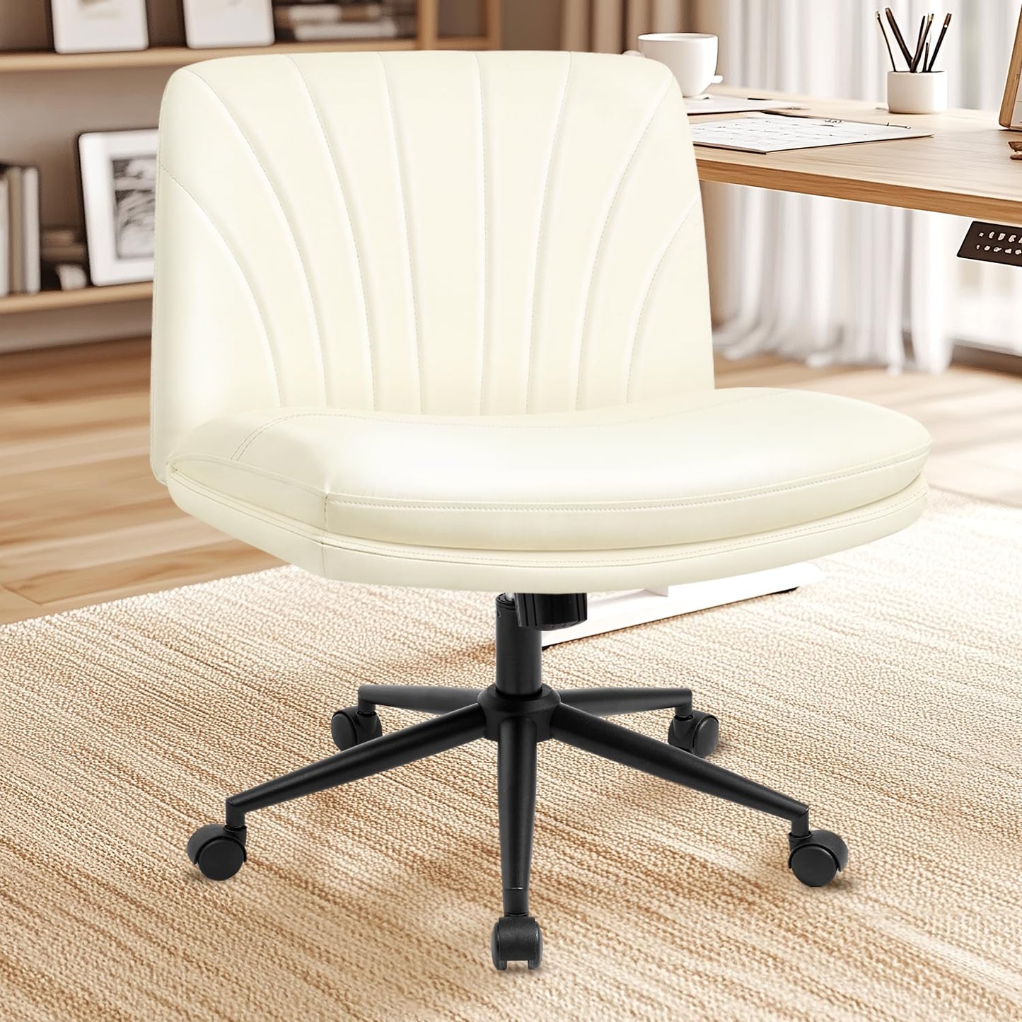 NEO CHAIR Criss Cross Chair with Wheels Armless Cross Legged Office Desk Wide Comfy Vanity Makeup Chair Adjustable Swivel Rolling Computer for Home Office PU Leather (Beige)