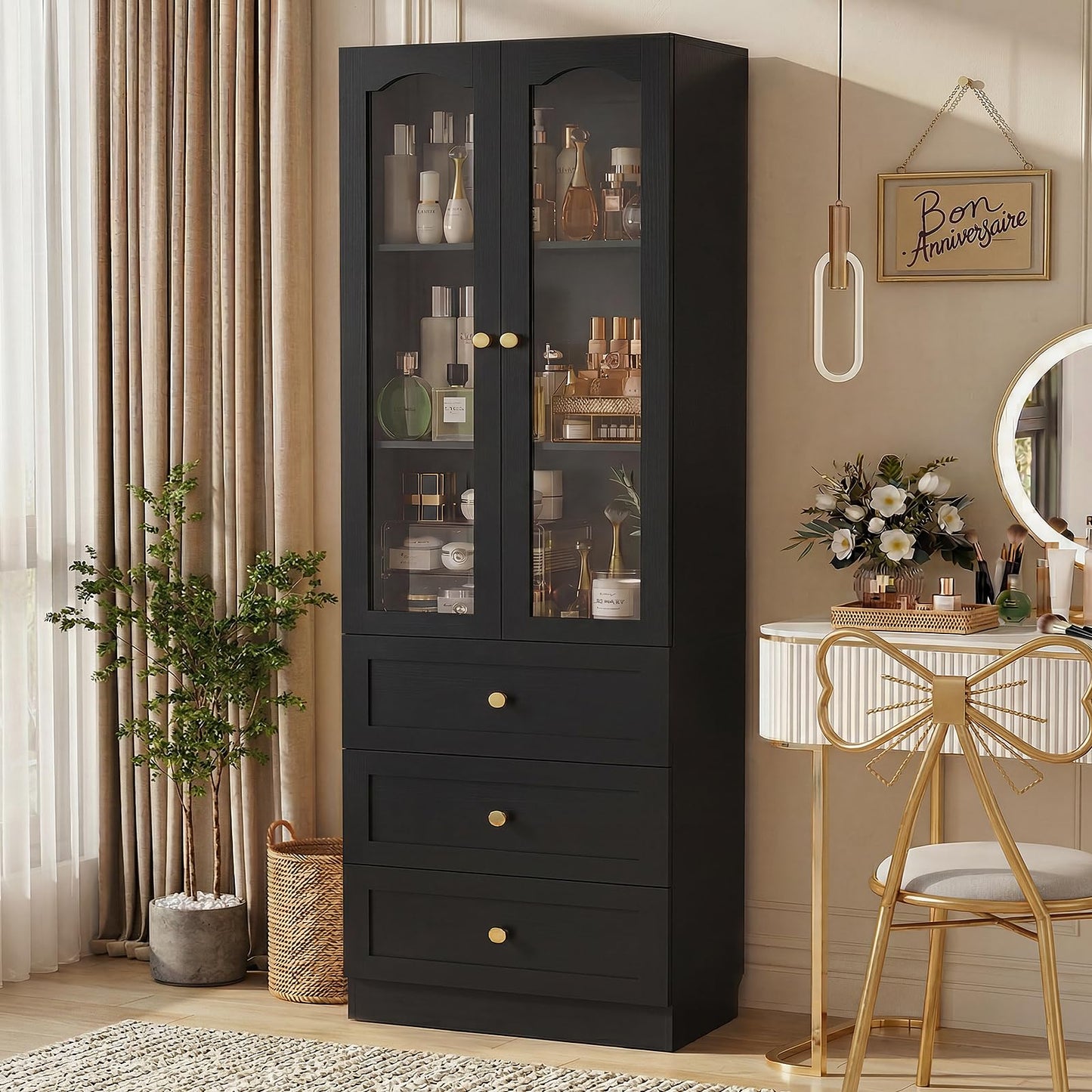 Cyclysio 80" Tall Pantry Cabinet for Kitchen Storage, 2 Set Black Pantry Cabinet with Glass Doors & 3 Drawers - Freestanding Storage Bookcase with Built-in Baseboard Notch for Dining, Living Room