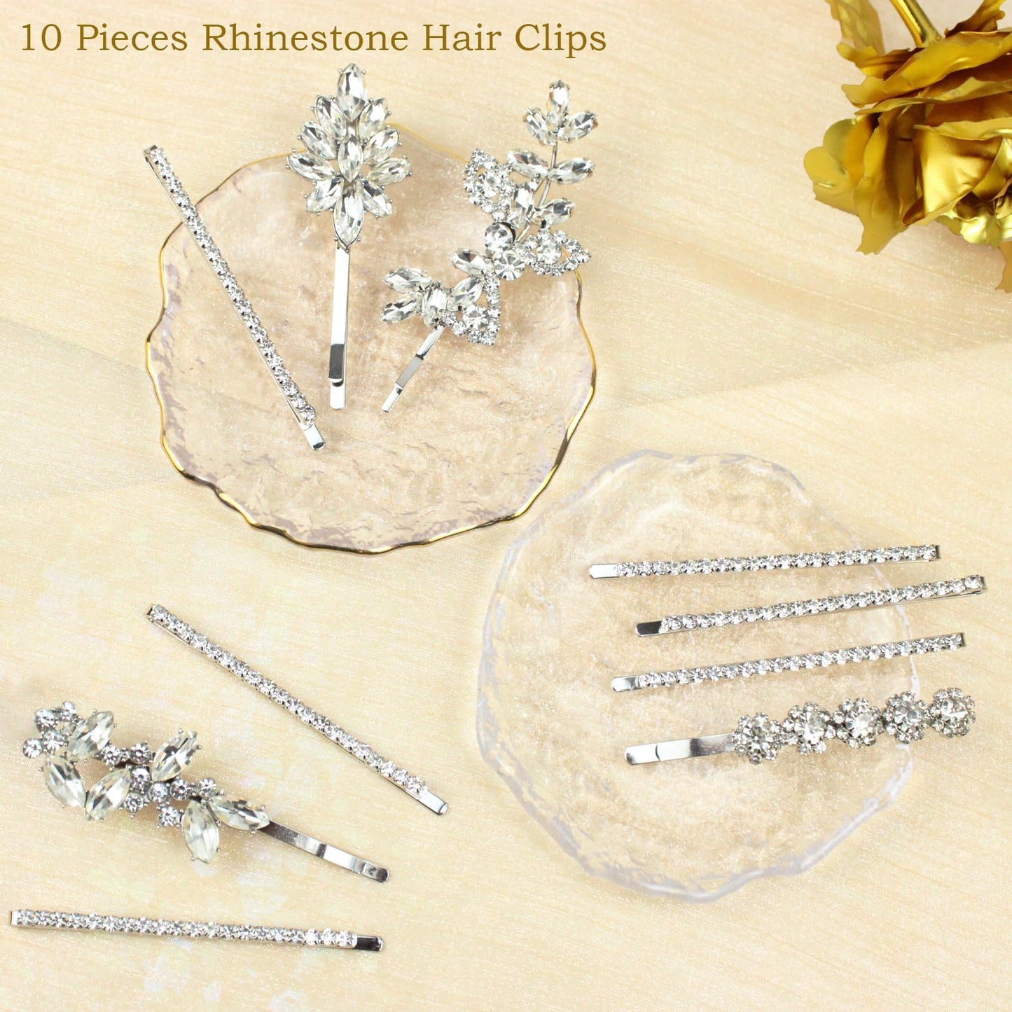 10 Pieces Rhinestone Hair Pins, Silver Leaf Hair Clips Crystal Wedding Hair Clips for Brides, Elegant Rhinestone Hair Accessories for Women Girls