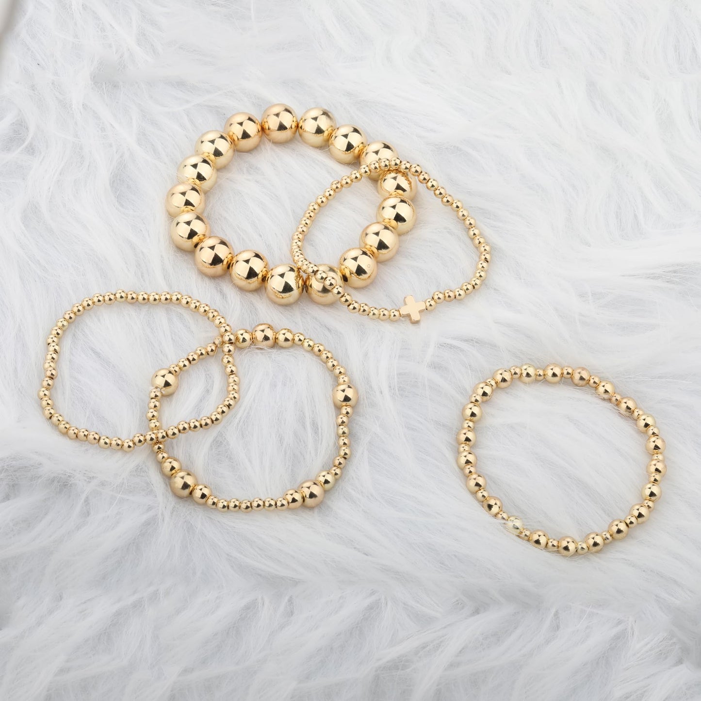 Qiuseadu Chunky Gold Beaded Stack Bracelets Beads Ball Cross Colorful Statement Bracelets Set for Women (Full Gold Statement)
