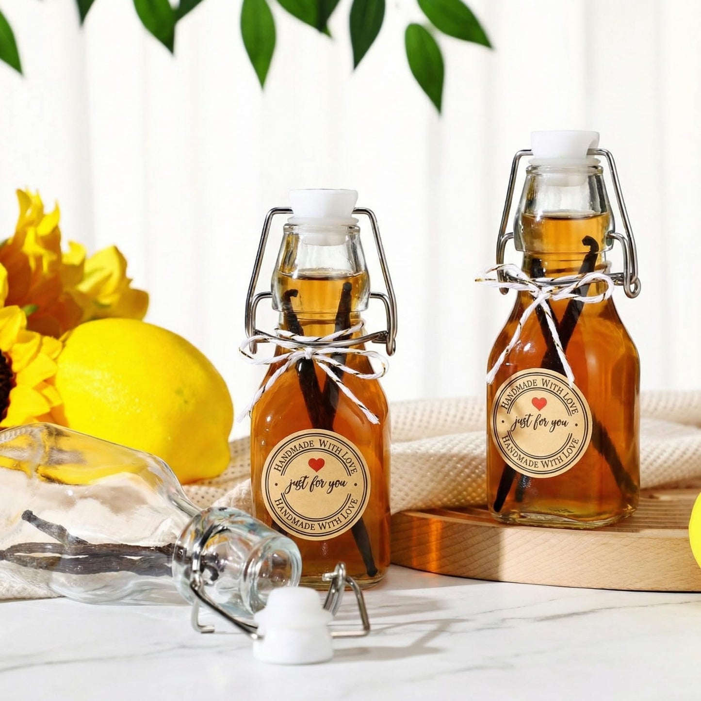 Teenyyou 20 PCS 4.05OZ Mini Flip Top Square Glass Bottle with Stoppers Decorative Swing Top Bottles Small Glass Bottles with Lids Kraft Adhesive Round Stickers for Wedding Vanilla Extract Party Favors