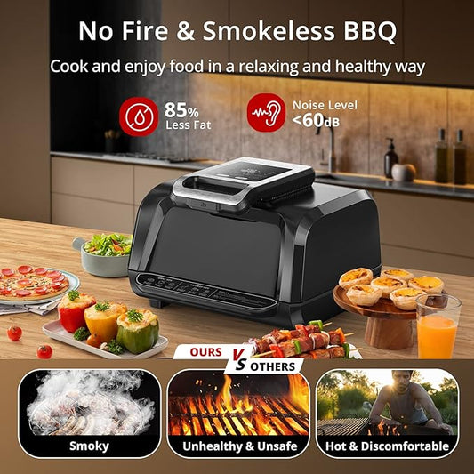 Indoor Grill Air Fryer Combo - 7-in-1 Smokeless Electric Air Grill with See-Through Window, Non-Stick Removable Plates, Even Heat, and Silicon Tongs - 4Qt, 1750W, Up to 450°F