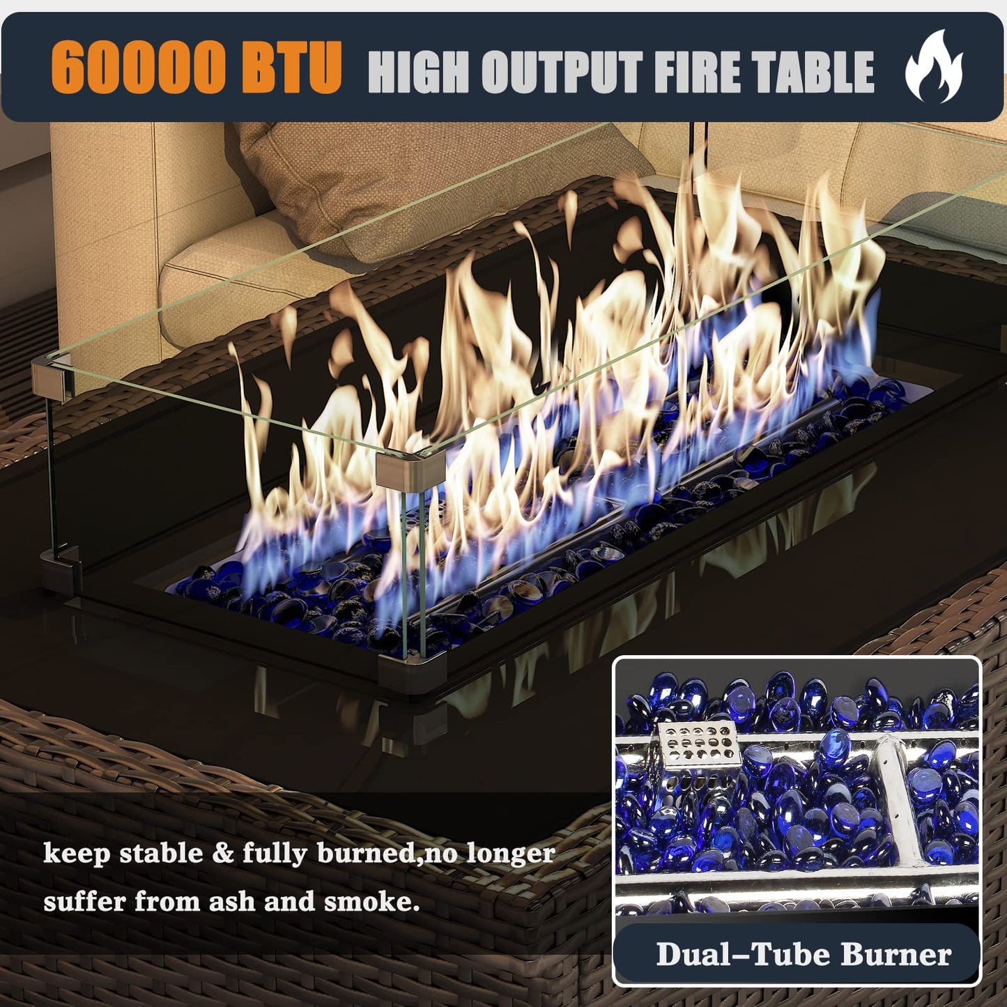 KHOLH 44 Inch Propane Gas Fire Pits Table for Outside Patio, 60000 BTU Rectangular Outdoor Wicker Rattan Fire Pit with Glass Wind Guard