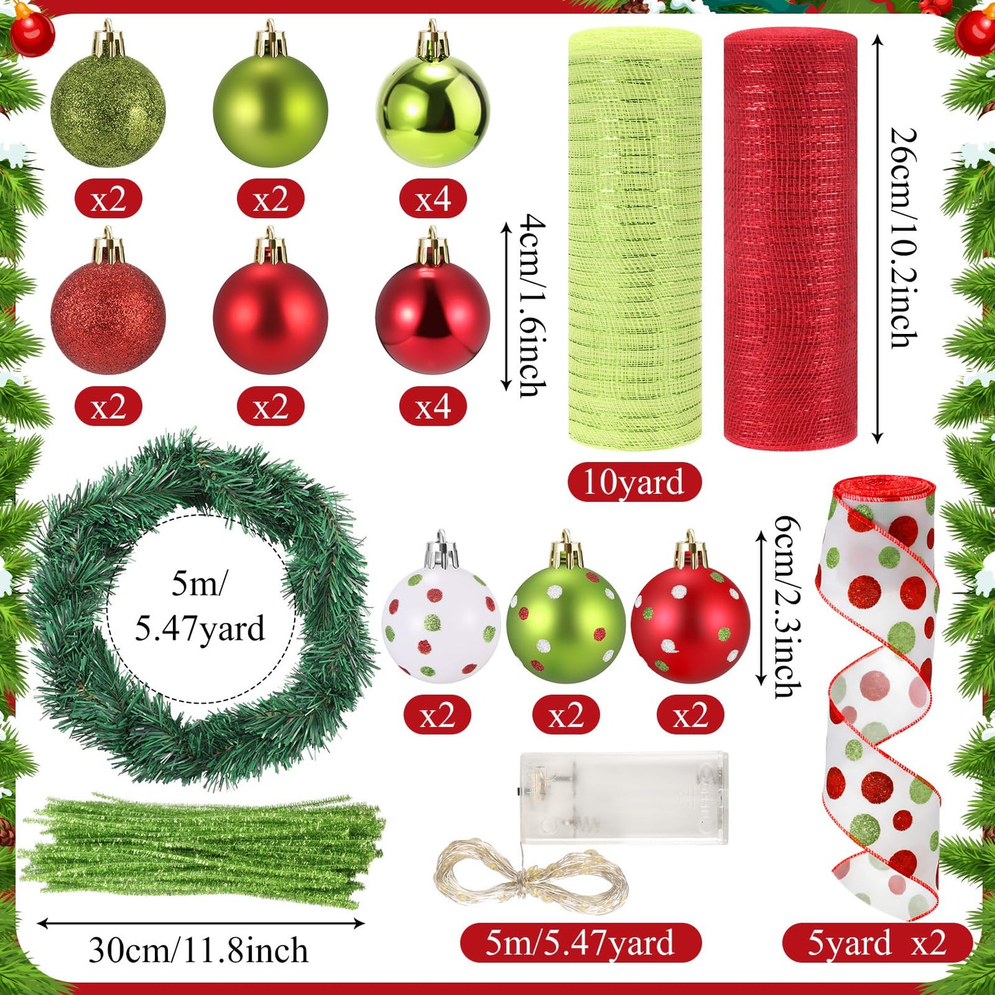AceOrbit 28 Pcs DIY Christmas Decor Mesh Entryway Garland Decoration Metallic Mesh Ribbon Red Christmas Balls Ribbon Pine Needles Garlands Chenille Stems for Xmas Door Holiday Wreath (Stylish Style)