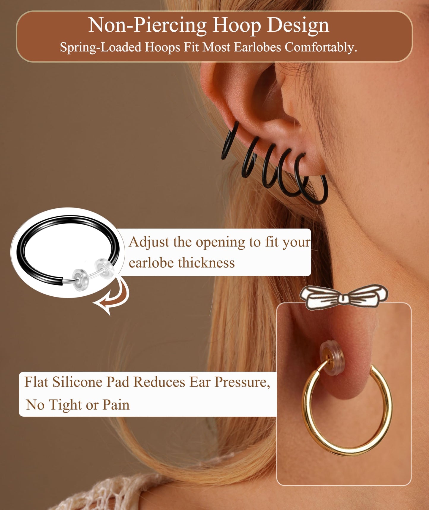 PLOMFOV Clip On Hoop Earrings for Women Small Black Plated Clip On Earrings Women Fake Hoop Earrings Non Pierced Earrings 14mm-18mm