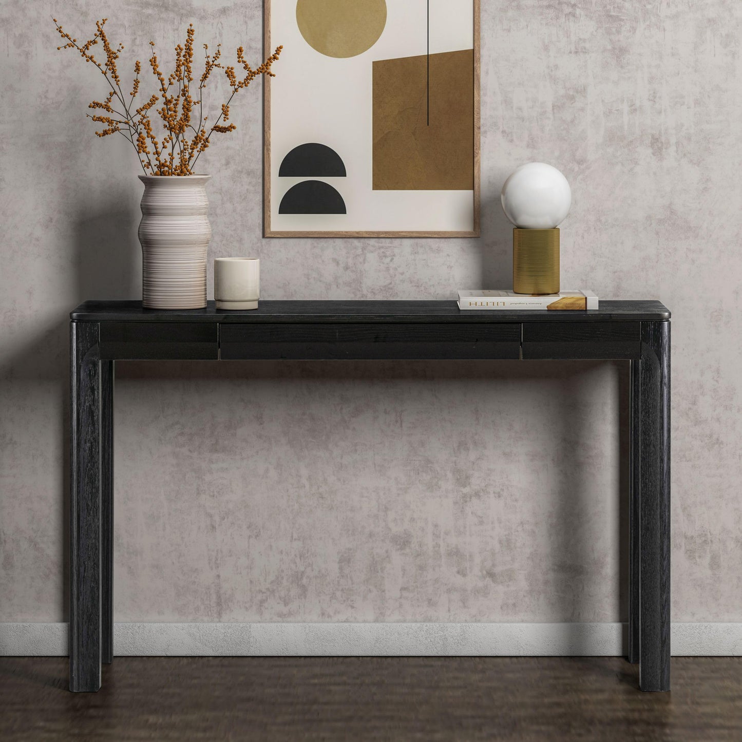 NTC Flow 47-Inch Console Table, Modern Solid Wood Entryway Table with Hidden Drawer, Waterproof & Heat Resistant, Narrow Table for Hallway, Living Room & Foyer, Burnt Black