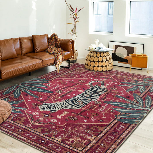 Aldopein Tribal Rugs Summer Tropical 6x9 Area Rugs Wine Red Traditional Boho Vintage Oriental Rug Carpet for Bedroom Kitchen Dining Living Room Indoor Entryway Washable