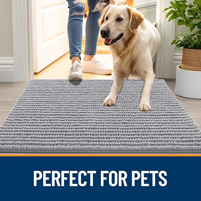 OLANLY Dog Door Mat for Muddy Paws 59x24, Ultra Absorbent Chenille Mud Doormat, Non-Slip Washable and Dirt Trapping Doormat for Indoor Entryway, Quick-Dry Indoor Pet Bed Mats for Dogs, Light Grey